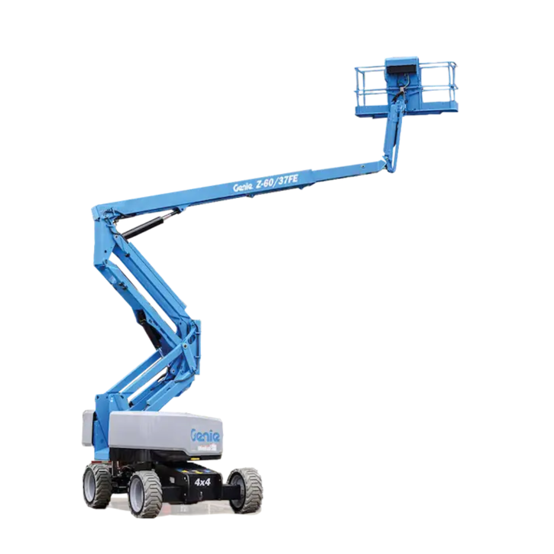 articulating boom lift rental in use on construction site