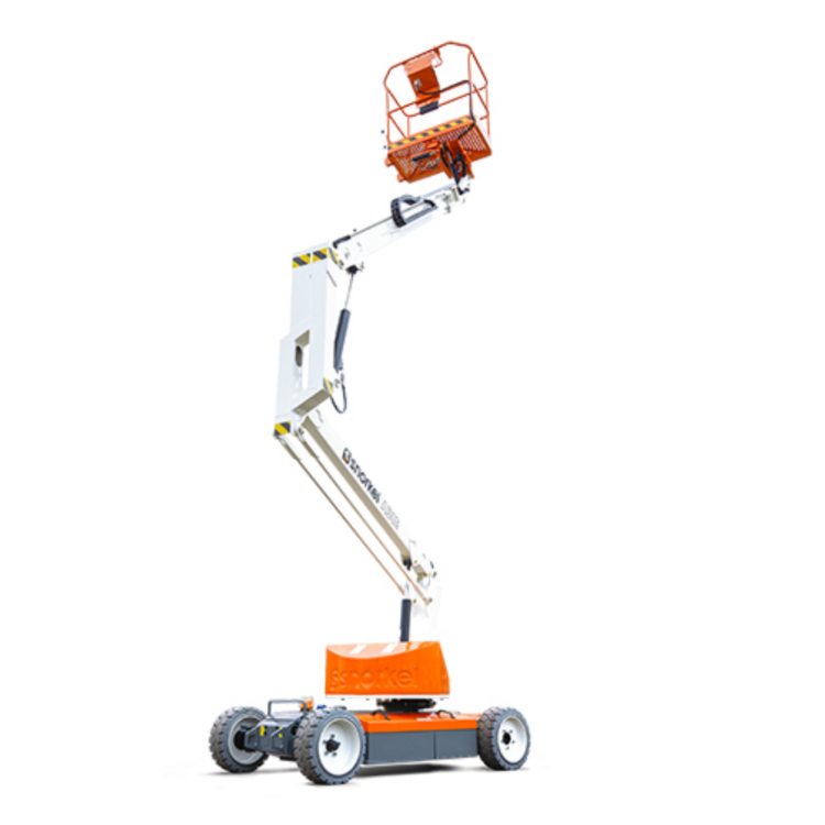 articulating boom lift rental in use on construction site