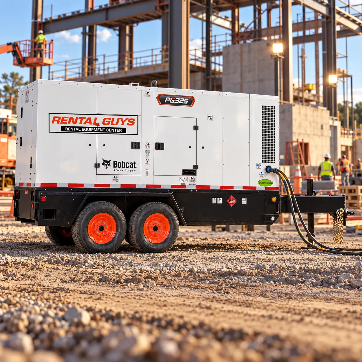 Rental Guys Bobcat PG325 generator at a commercial construction jobsite