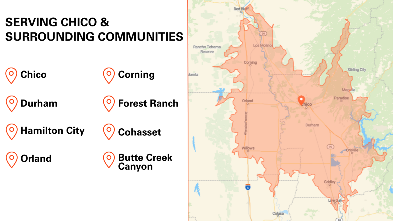 Rental Guys Chico equipment rental service area map showing Chico and surrounding communities