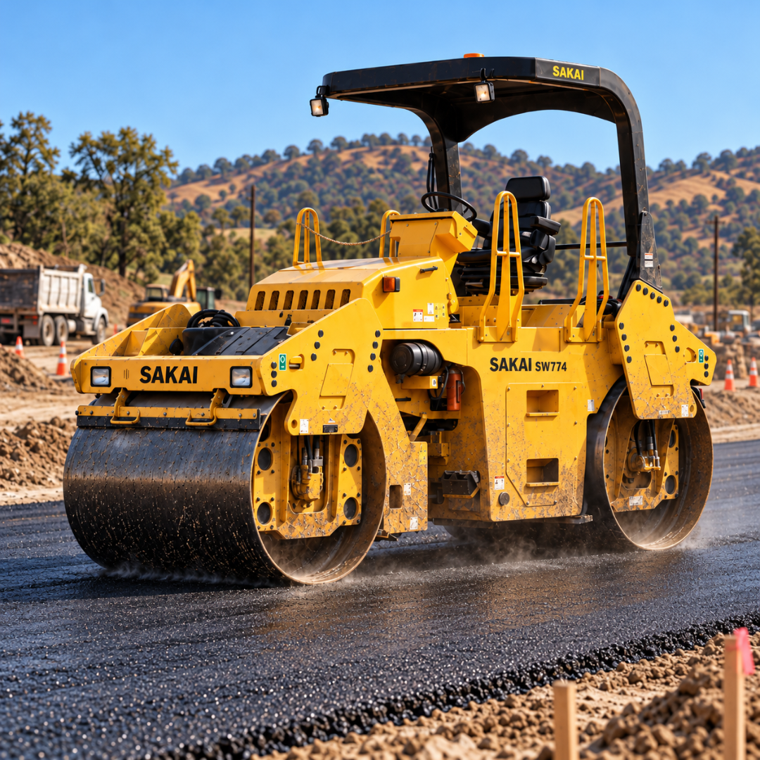 Sakai vibratory asphalt roller compacting pavement during road construction